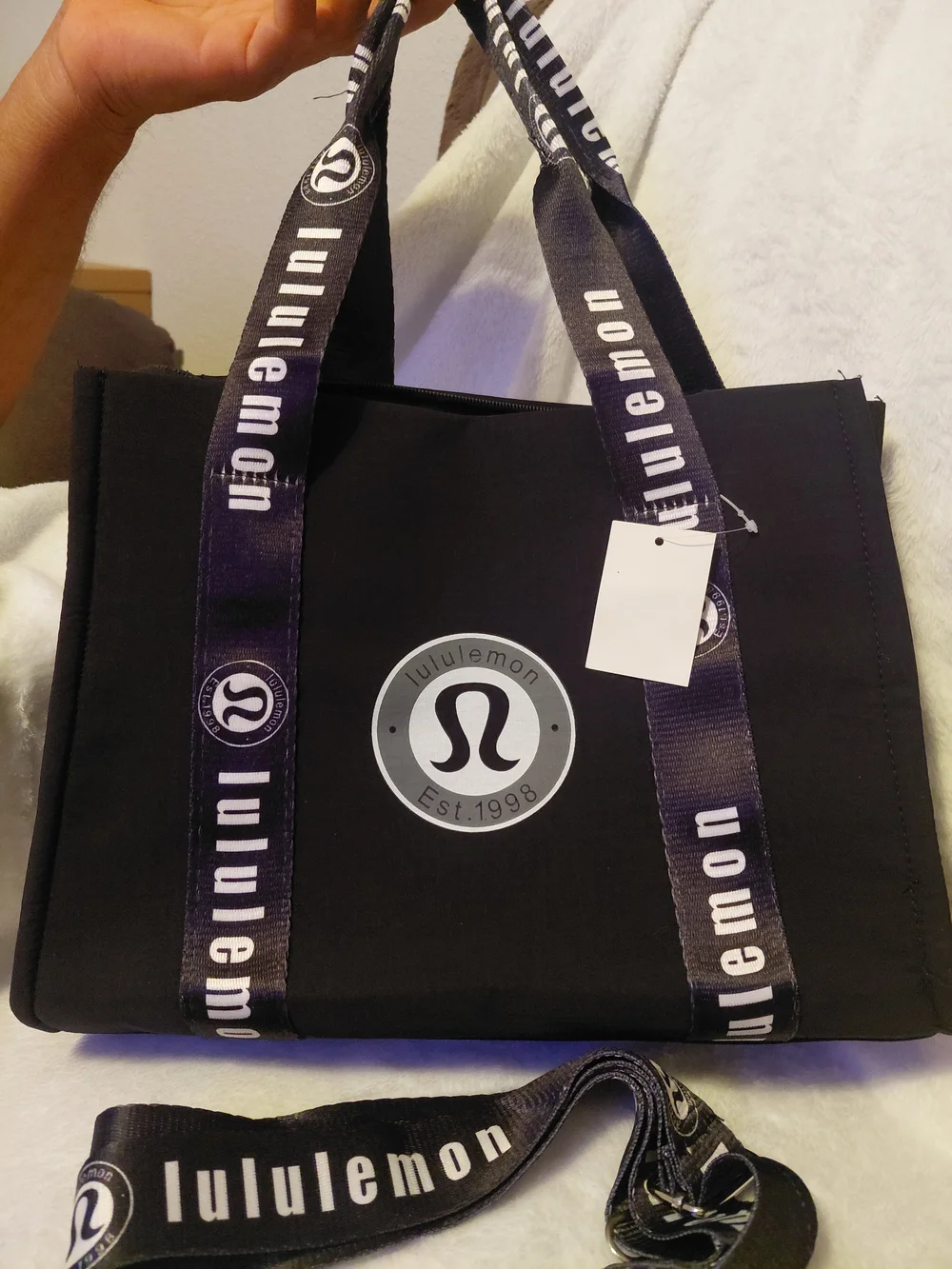 lululemon athletica Black Logo Messenger Tote with Branded Straps
